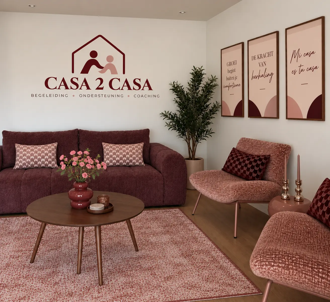 De huiskamerachtige ruimte van Casa2Casa Space met een bordeauxrode bank, twee oudroze stoelen en tafel